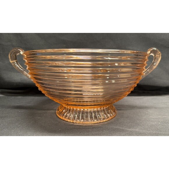 Anchor Hocking 1930s Pink Manhattan Depression glass pedestal bowl with handles - Picture 2 of 14